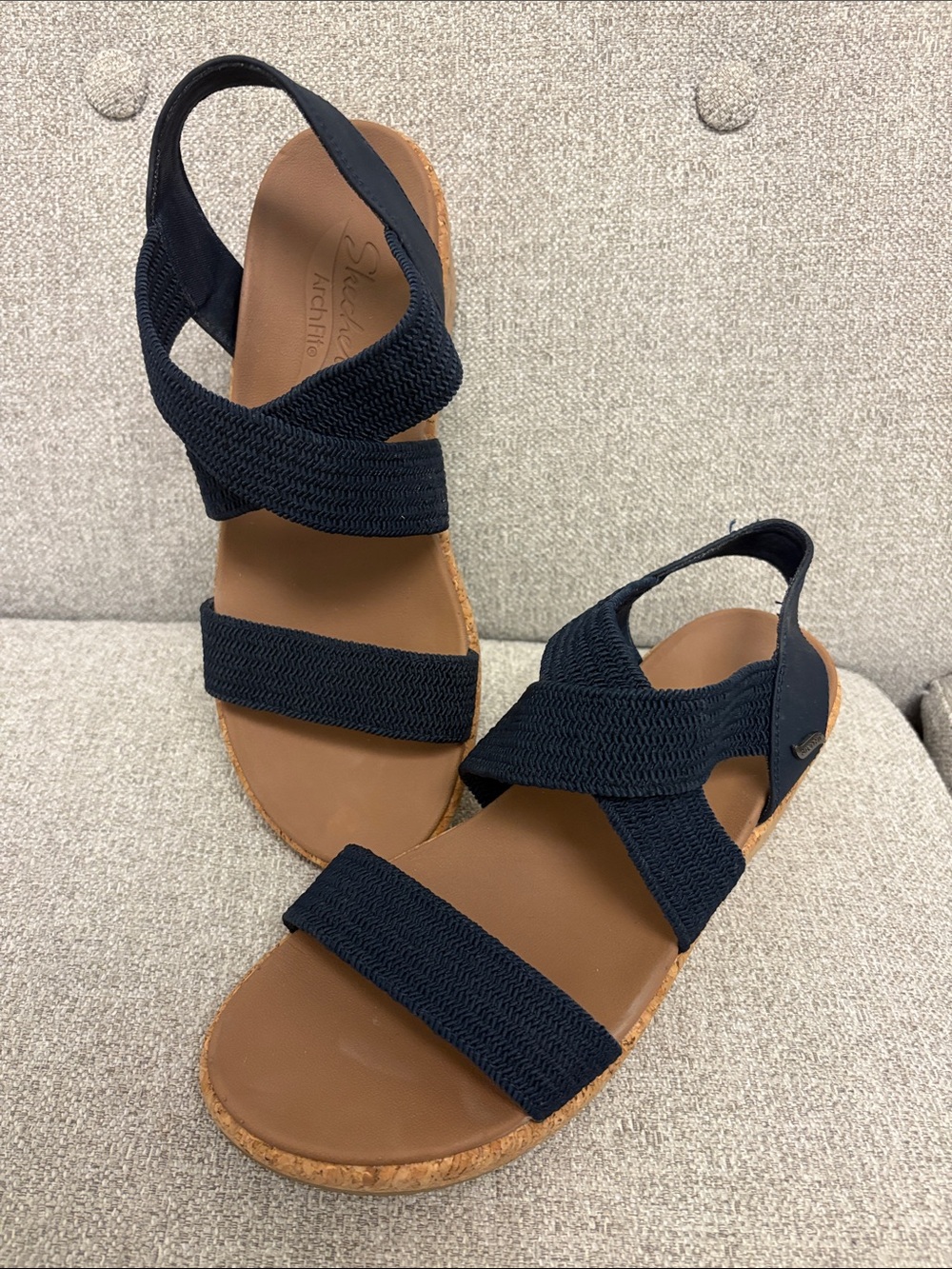 Skechers Archfit Women's Navy Strappy Low Wedge Sandals with Tan Footbed